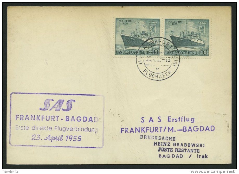 ERST-UND ER&Ouml;FFNUNGSFL&Uuml;GE 2502 BRIEF, 23.4.55, Frankfurt-Baghdad, Frankiert Mit Bund Nr. 205-08, Prachtkarte - Covers & Documents