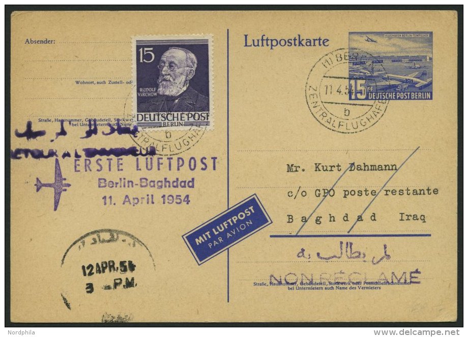 ERST-UND ER&Ouml;FFNUNGSFL&Uuml;GE 2470A BRIEF, 11.4.54, Berlin-Baghdad, Prachtkarte - Covers & Documents