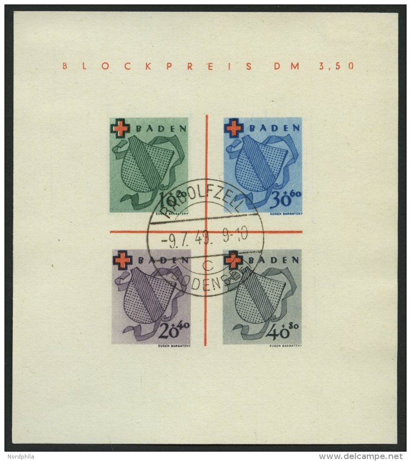 BADEN Bl. 2II/IV O, 1949, Block Rotes Kreuz, Type IV, Stempel RADOLFZELL, Pracht, Fotoattest H.D. Schlegel, Mi. 1800.- - Other & Unclassified