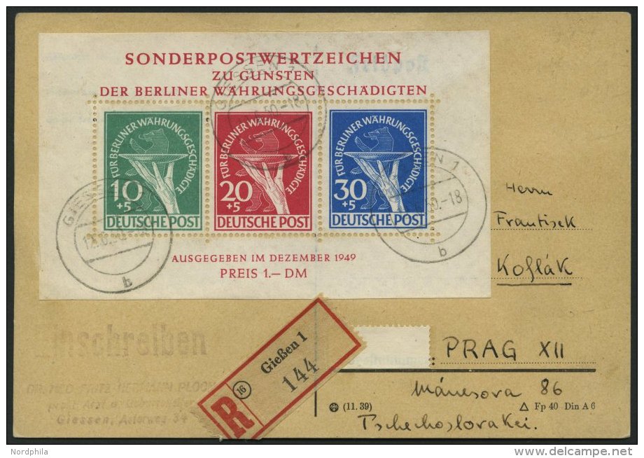 BERLIN Bl. 1 BRIEF, 1949, Block W&auml;hrungsgesch&auml;digte Auf Portogerechtem Einschreibbrief Von GIESSEN In Die Tsch - Used Stamps