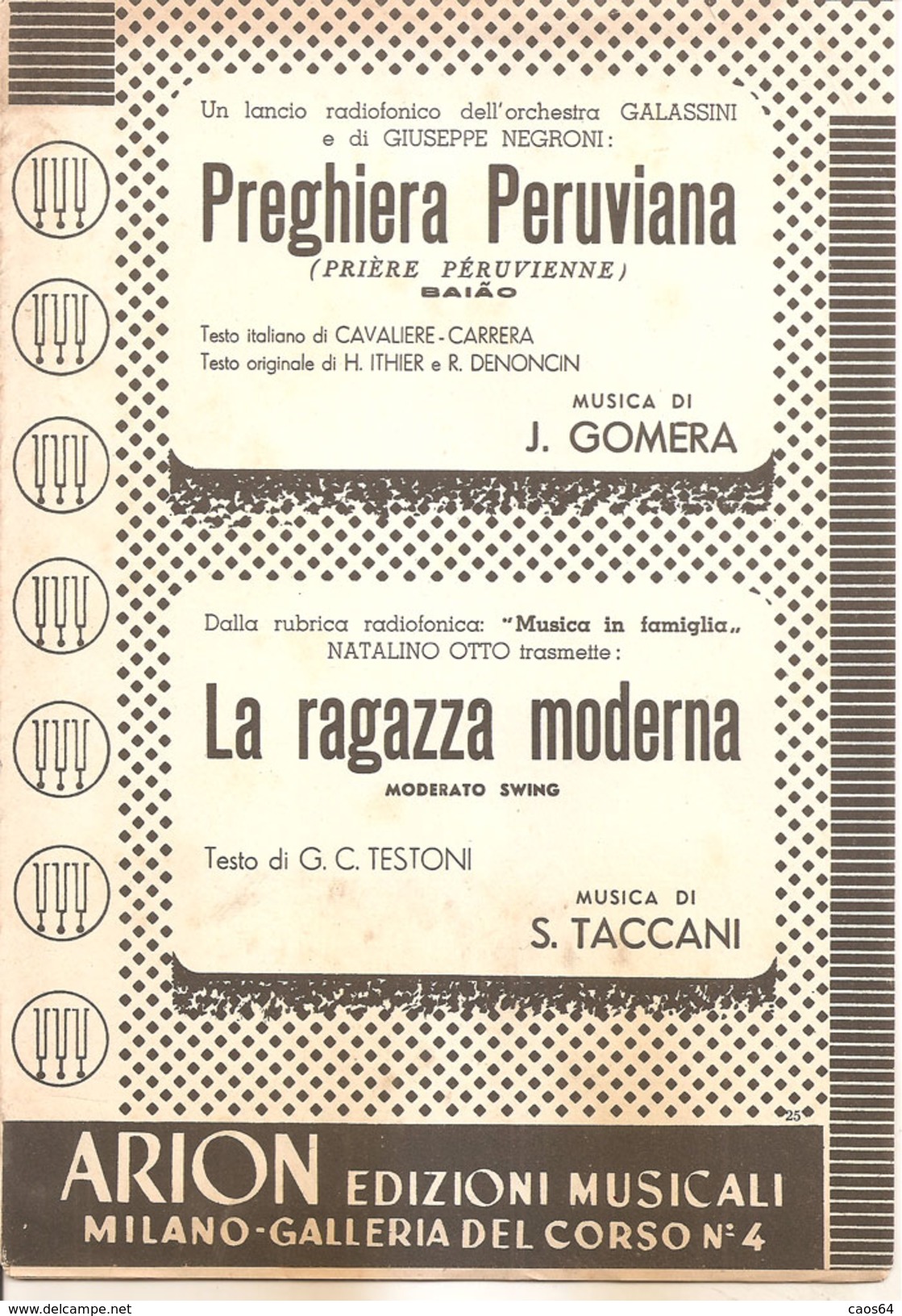 PREGHIERA PERUVIANA - LA RAGAZZA MODERNA	  Gomera - Taccani  Arion Edizioni Musicali - Scholingsboek