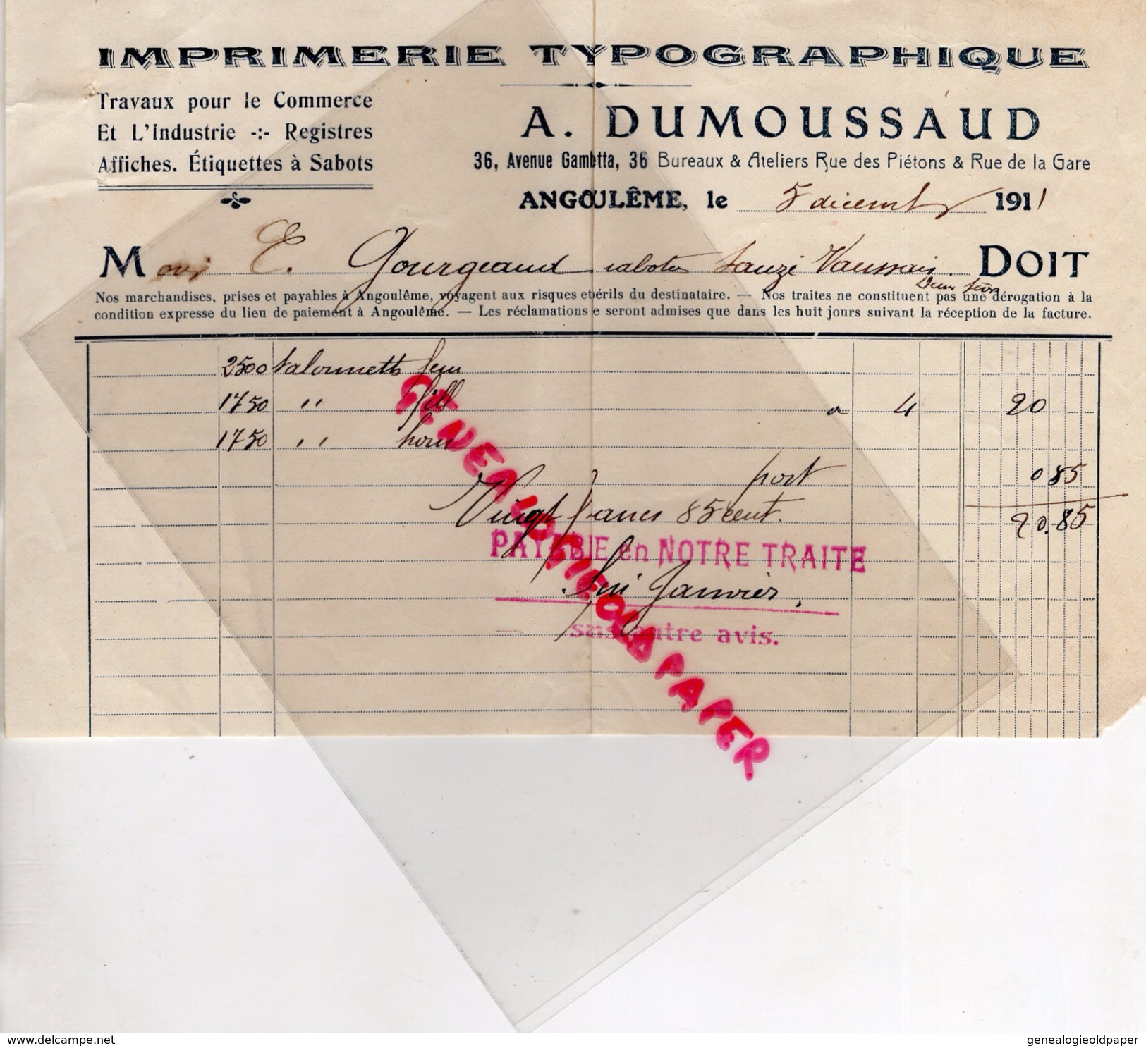 16 - ANGOULEME - FACTURE IMPRIMERIE TYPOGRAPHIQUE A. DUMOUSSAUD-36 AV. GAMBETTA -1911 - Imprimerie & Papeterie