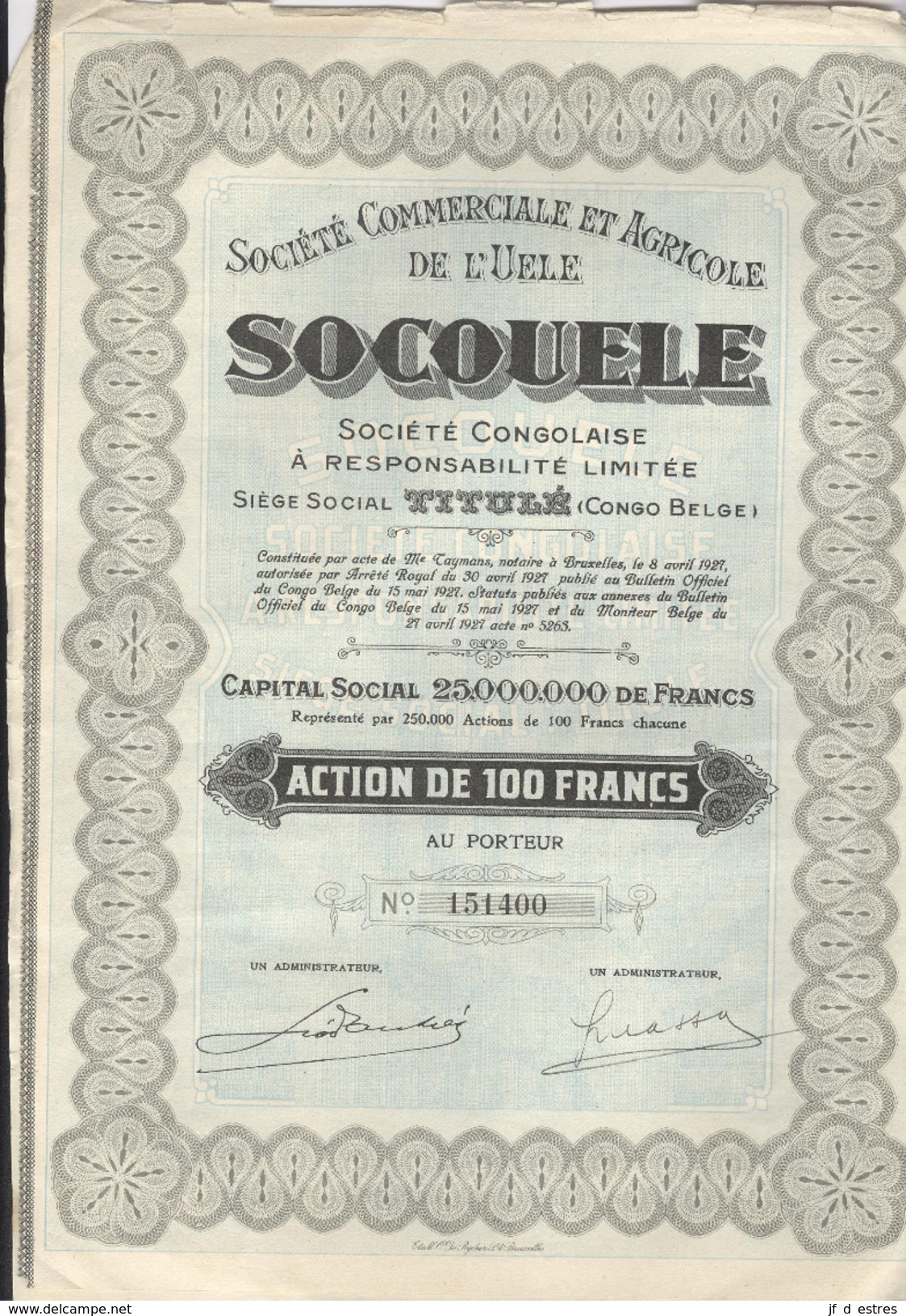 SocoUele Société Commerciale Et Agricole De L'Uélé. Société Congolaise RL Action De 100 Francs + Coupons 1927 2 Actions - S - V