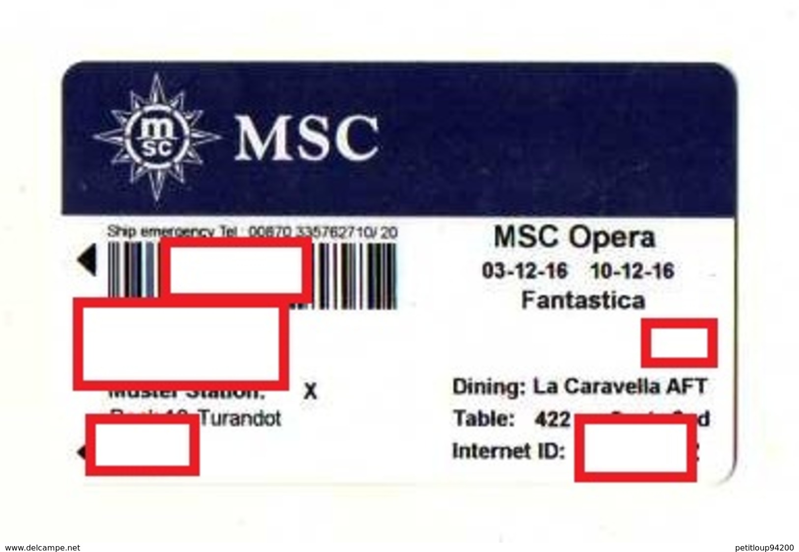 CARTE CROISIERE CRUISE CARD  MSC Opéra - Monde