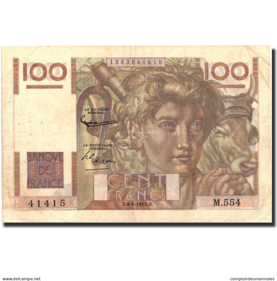 Billet, France, 100 Francs, 100 F 1945-1954 ''Jeune Paysan'', 1953, 1953-08-06 - 100 F 1945-1954 ''Jeune Paysan''