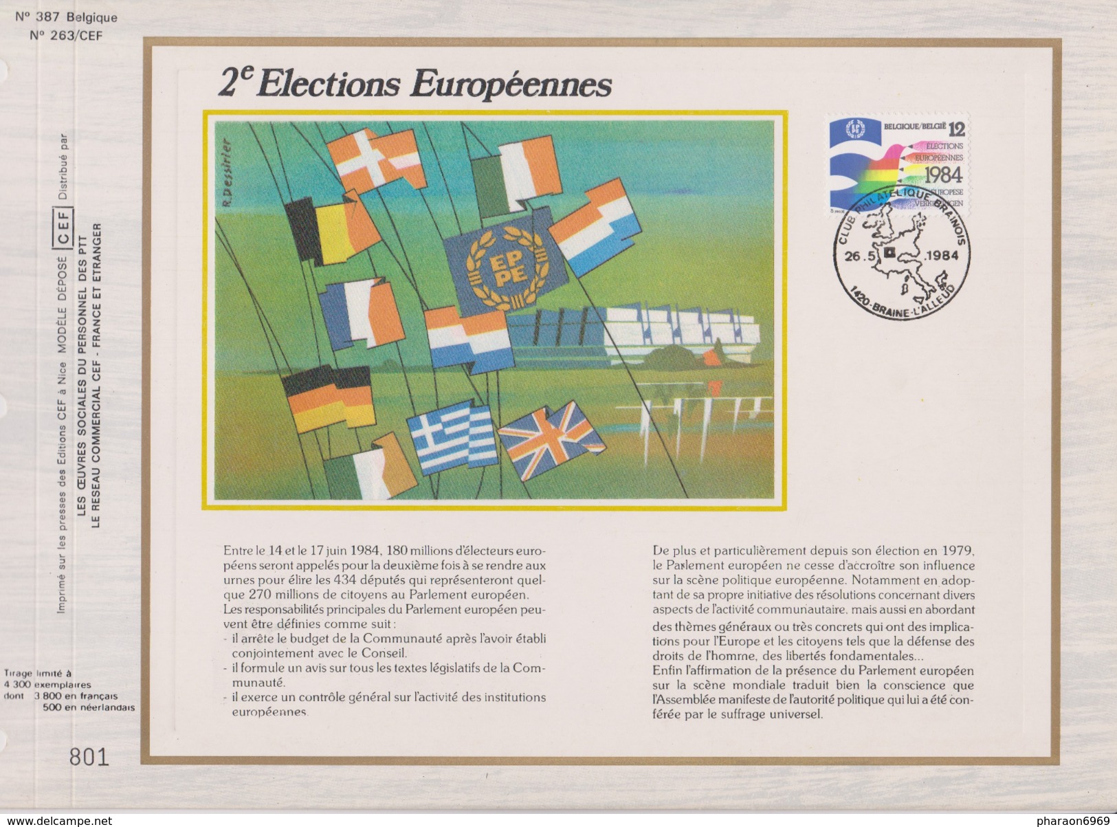 Feuillet Tirage Limité CEF 387 2133 élections Européennes Braine-l'Alleud - 1981-1990