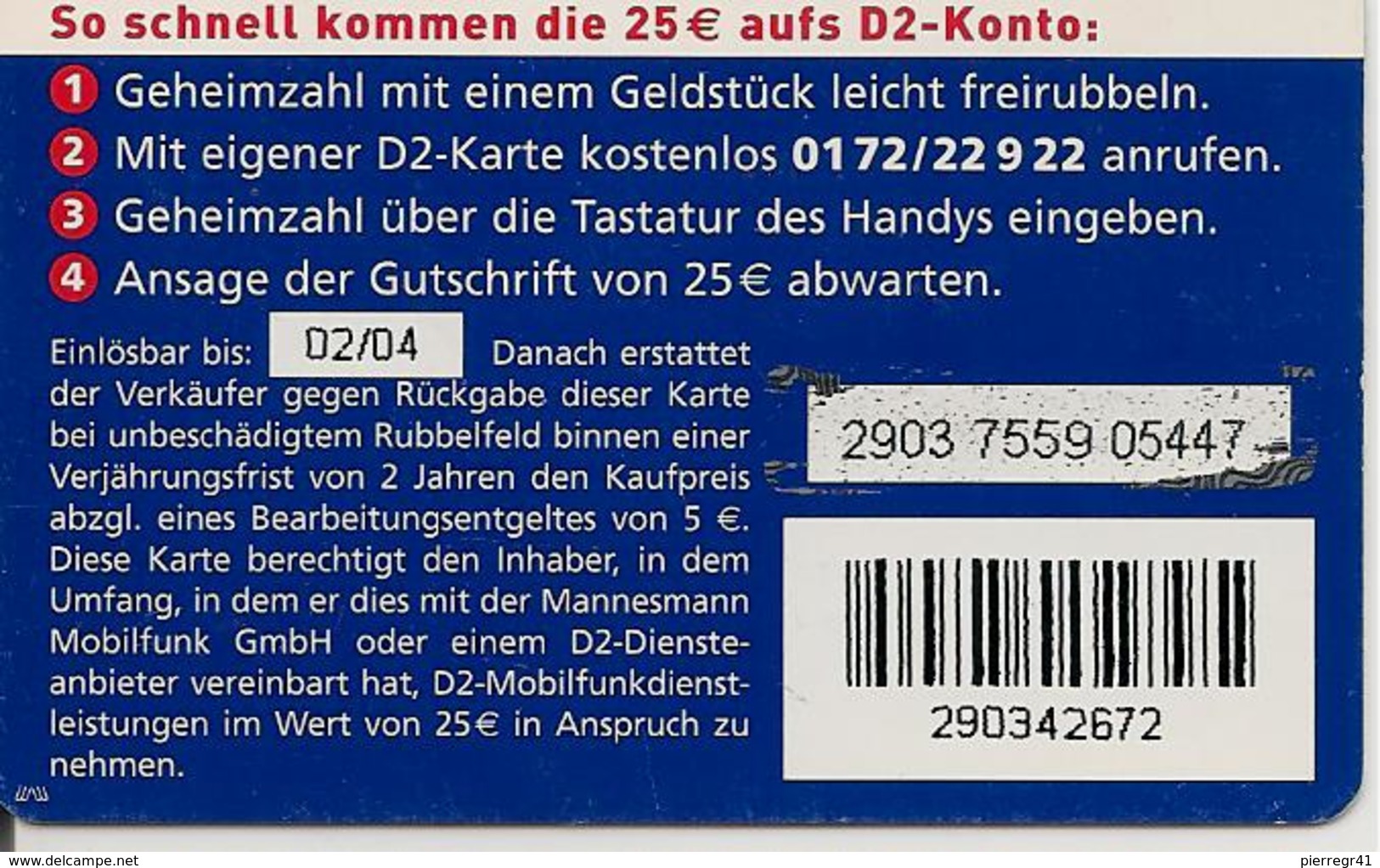 CARTE-PREPAYEE-ALLEMAGNE-25&euro;-VODAFONE-D2-CALLNOW-02/04-TBE - GSM, Voorafbetaald & Herlaadbare Kaarten