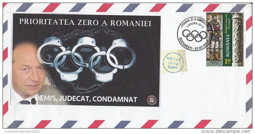 5180FM- FIGHT AGAINST CORRUPTION, STAINED GLASS STAMP ON COVER, VOTED, LONDON OLYMPIC GAMES  POSTMARK, 2012, ROMANIA - Cartas & Documentos