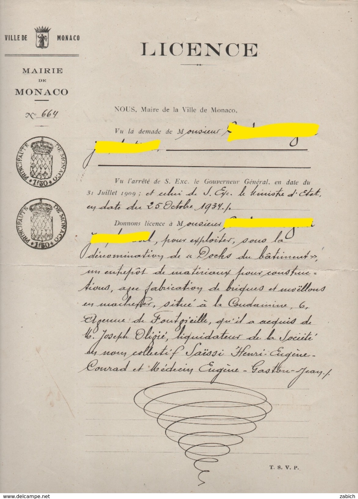 FISCAUX DE MONACO PAPIER TIMBRE à 1F50  "blason" 2 Exemplaires Sur Licence Du 26 Octobre 1934 - Fiscale Zegels