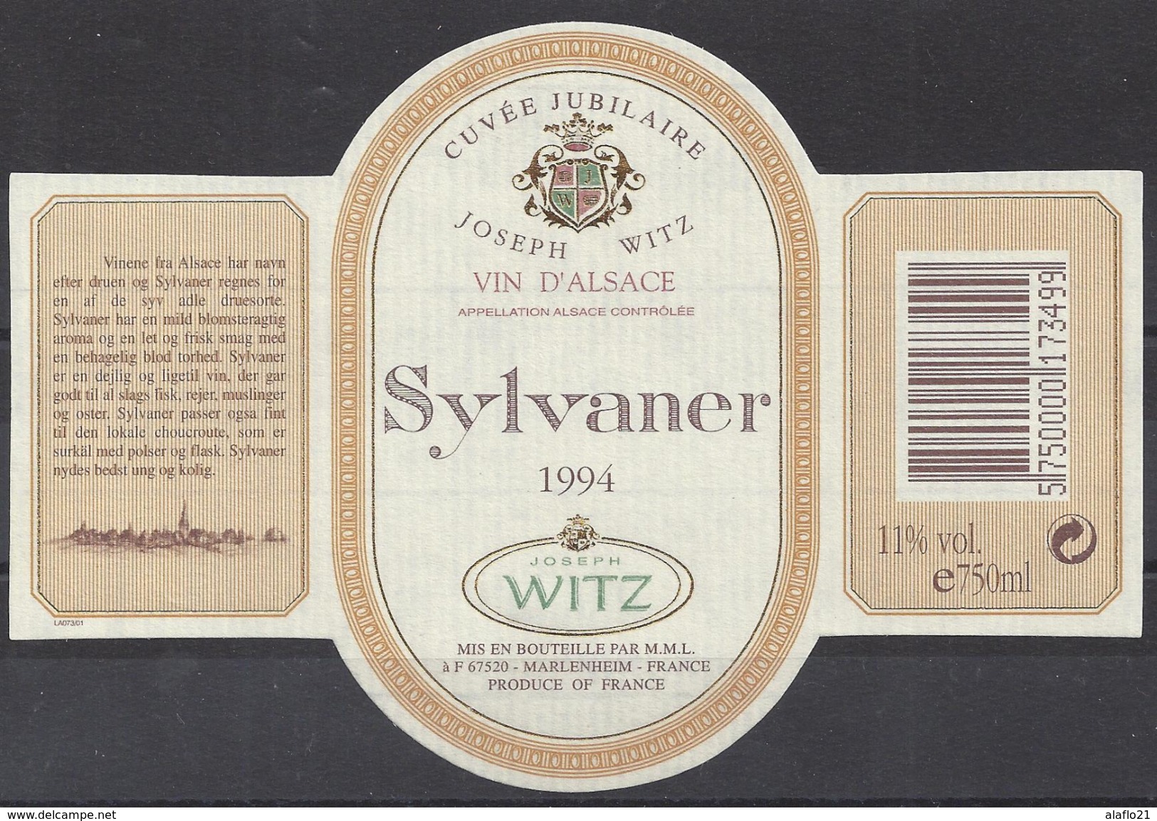 ETIQUETTE SYLVANER 1994 - Vin D'ALSACE - Witte Wijn