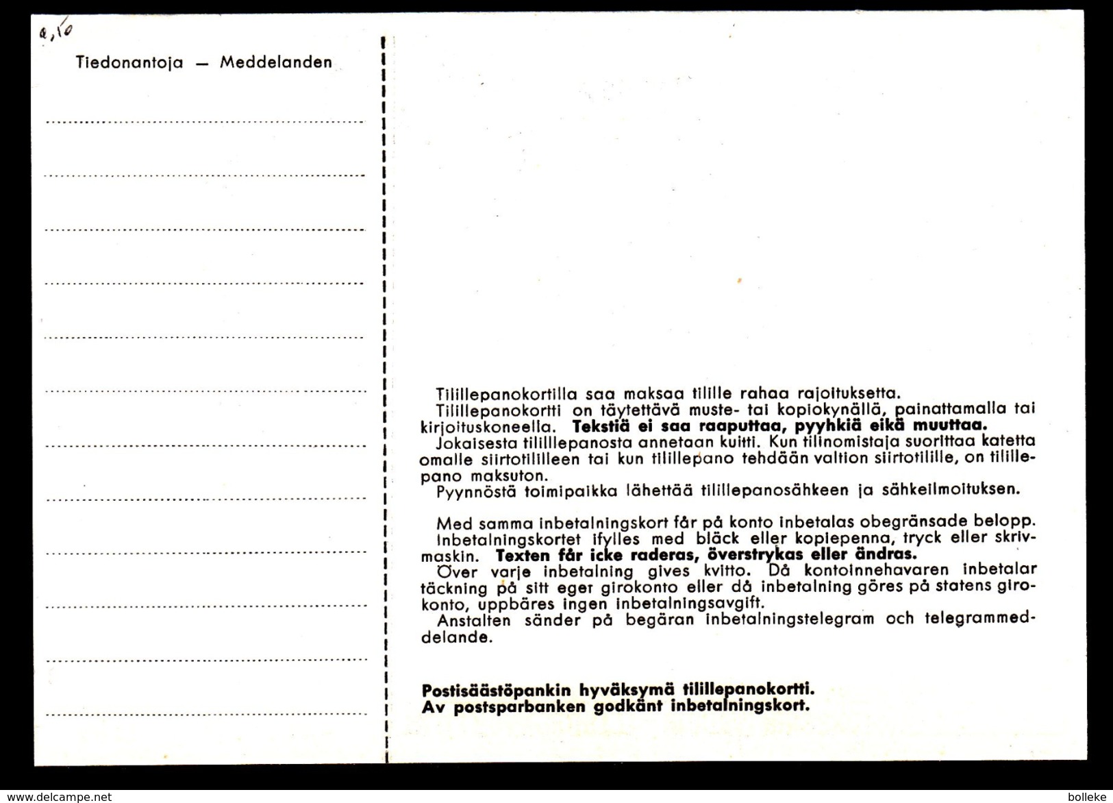 Finlande - Document Pour Un Versement - Inbetalningskort - Covers & Documents