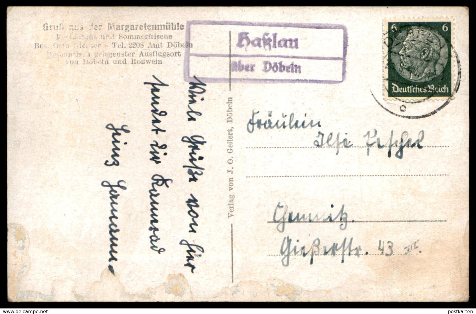 ALTE POSTKARTE GRUSS AUS DER MARGARETENMÜHLE Roßwein Rechteckstempel Posthilfsstelle Haßlau über Döbeln Margarethenmühle - Döbeln