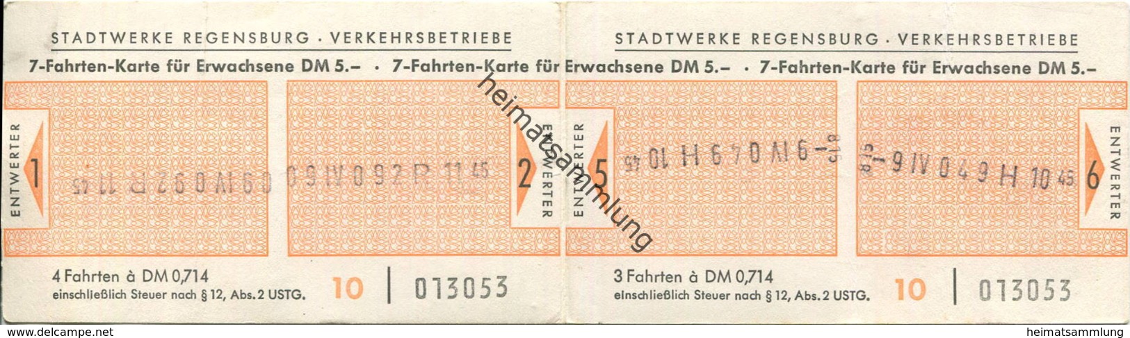 Deutschland - Stadtwerke Regensburg - Verkehrsbetriebe 7-Fahrten-Karte Erwachsene DM 5.- - Europe
