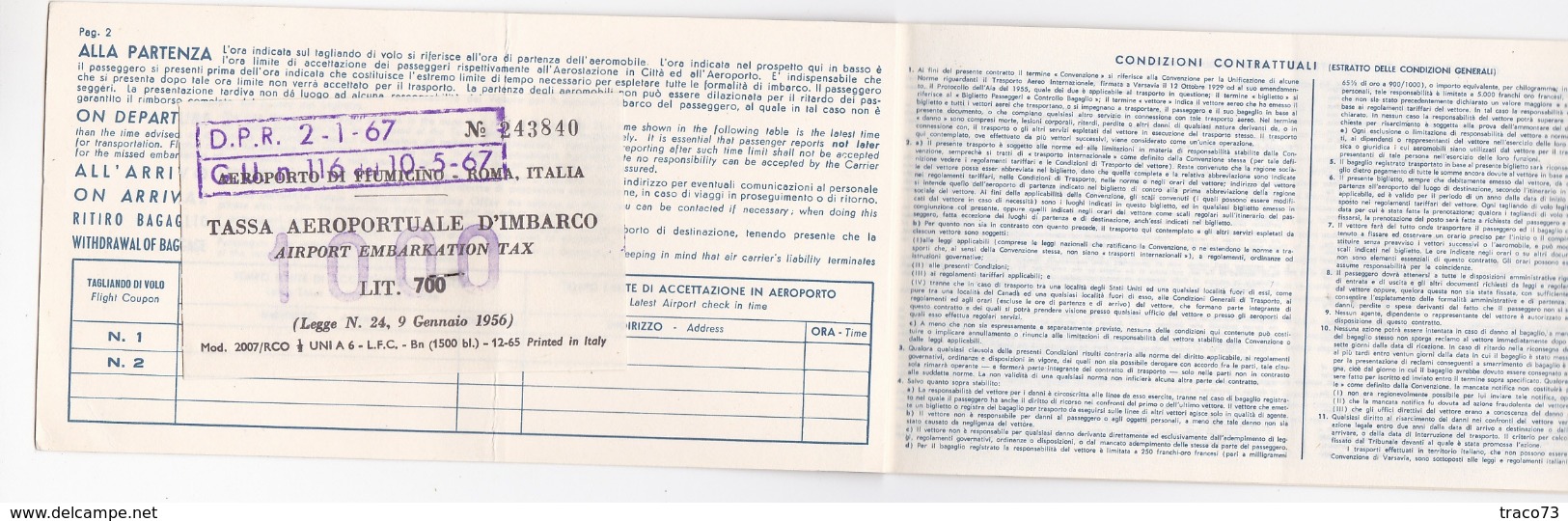 ALITALIA _ 1967 /   Ticket _ Biglietto Aereo ( Palermo - Tunisi AR ) _ Tassa Aeroportuale D'imbarco Da Lire 1000 - Mondo