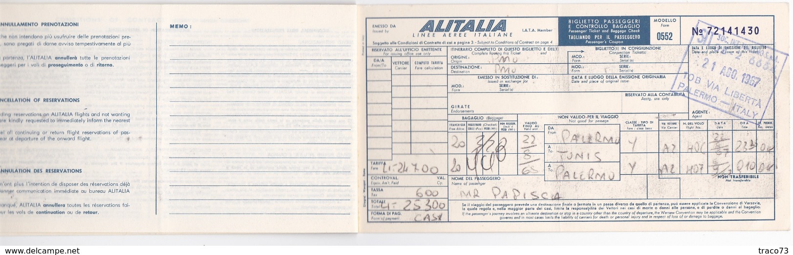 ALITALIA _ 1967 /   Ticket _ Biglietto Aereo ( Palermo - Tunisi AR ) _ Tassa Aeroportuale D'imbarco Da Lire 1000 - Mondo