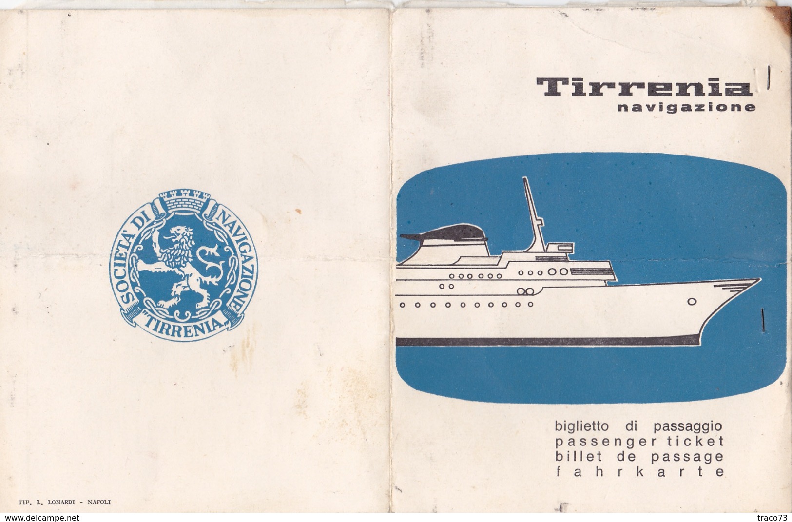 NAVE  " CITTA' DI TUNISI  " /   Ticket _ Biglietto  ( Palermo - Napoli  ) _ 22.8.1969 - Mondo