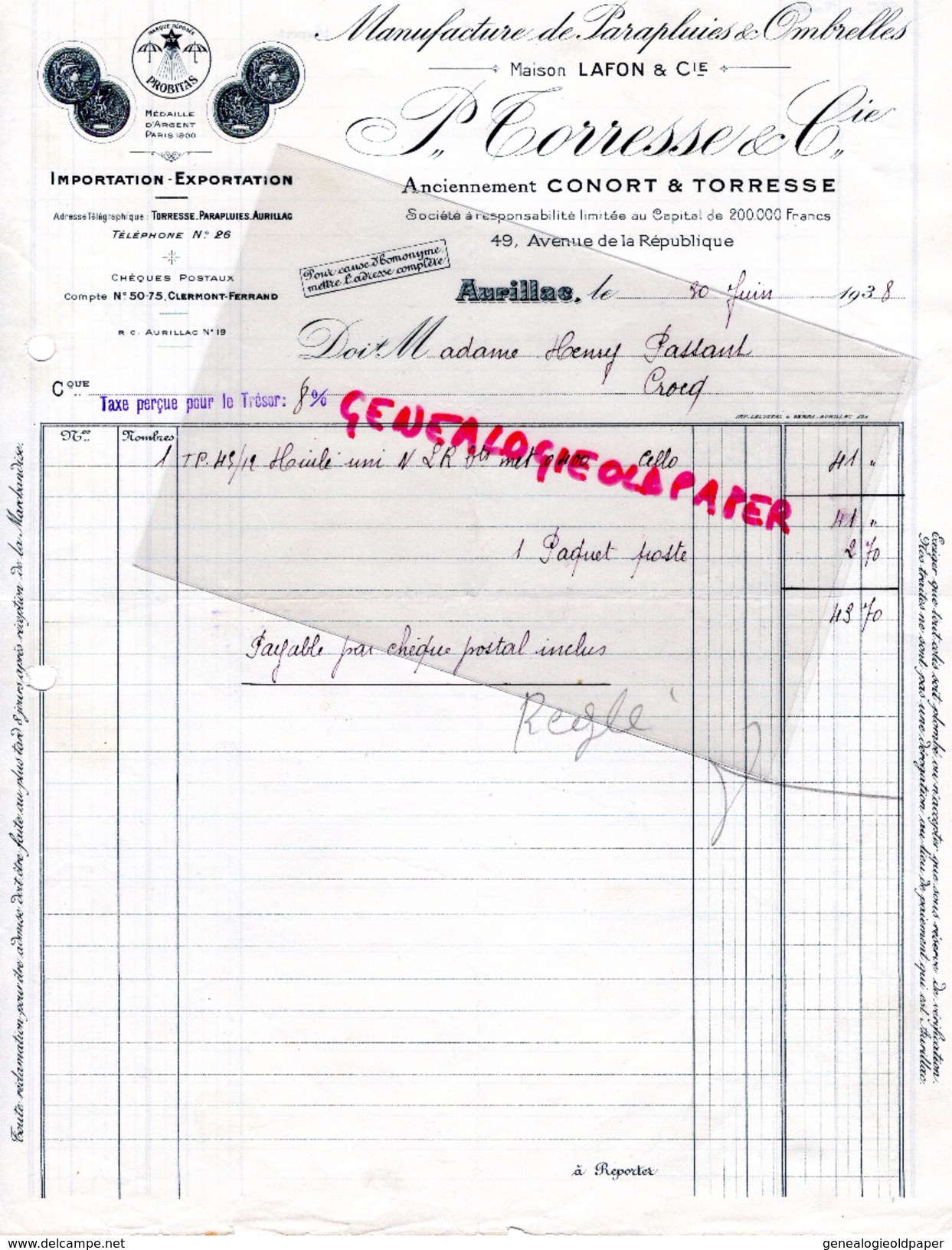 15 - AURILLAC- FACTURE P. TORRESSE & CIE- LAFON-CONORT- MANUFACTURE PARAPLUIES OMBRELLES-PARAPLUIE OMBRELLE- 1938 - Artigianato