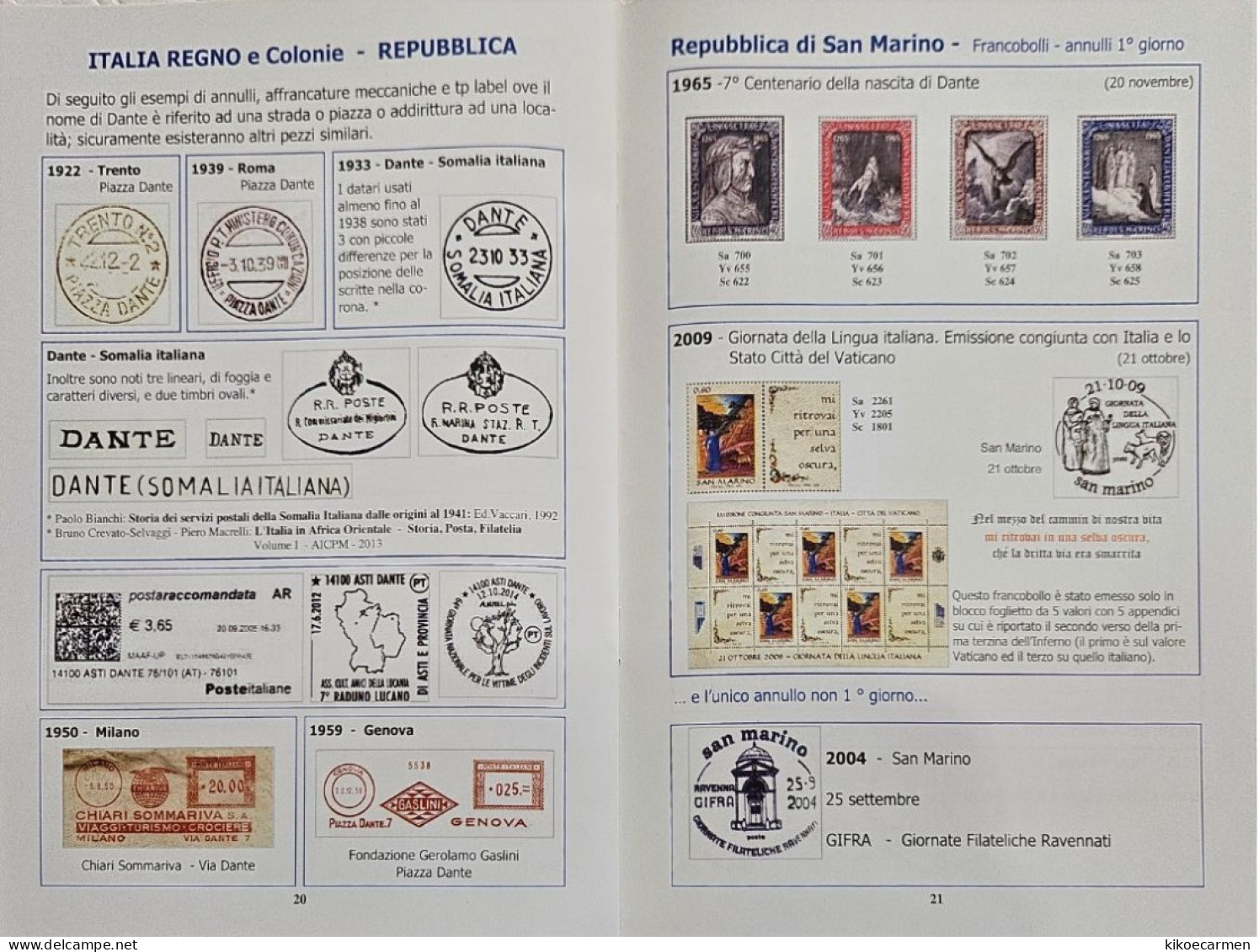 DANTE ALIGHIERI Catalogo Di Tutto Il Materiale Filatelico E Numismatico Monete Stamp Coin 34 Pages In 17 B/w Photocopies - Thématiques