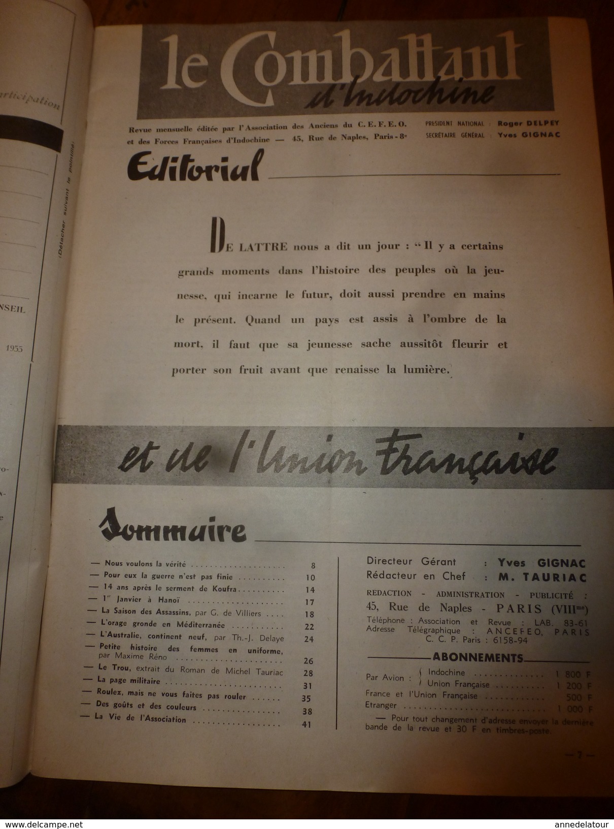 1955 LE COMBATTANT D'INDOCHINE: Hanoï;  SIHANOUK Le Roi Du Cambodge;Affaire Des Fuites;Les Infirmières Parachutistes;etc - Francese