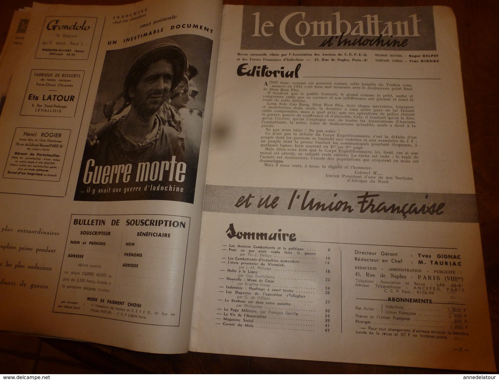 1955 LE COMBATTANT D'INDOCHINE:J'étais Prisonnier Du Vietminh; Opé. Fellaga De G. De Villiers; Mitterand; Ho Chi Minh - Francese