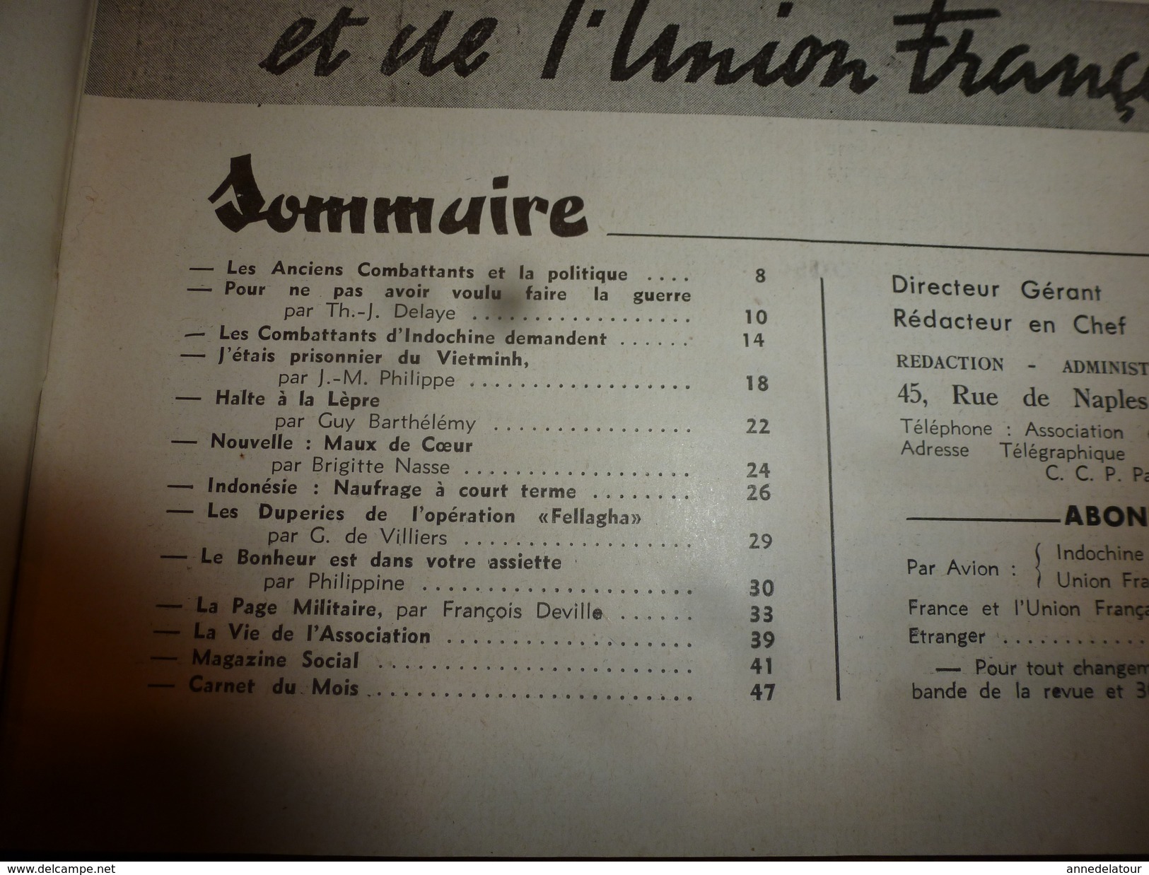 1955 LE COMBATTANT D'INDOCHINE:J'étais Prisonnier Du Vietminh; Opé. Fellaga De G. De Villiers; Mitterand; Ho Chi Minh - Francese