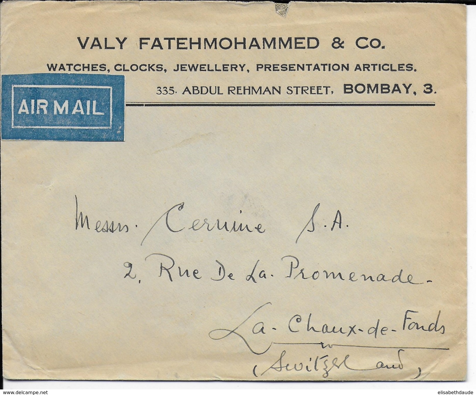 INDIA - 1932 - ENVELOPPE COMMERCIALE Par AVION De BOMBAY => LA CHAUX DE FONDS (SUISSE) - 1911-35 Koning George V