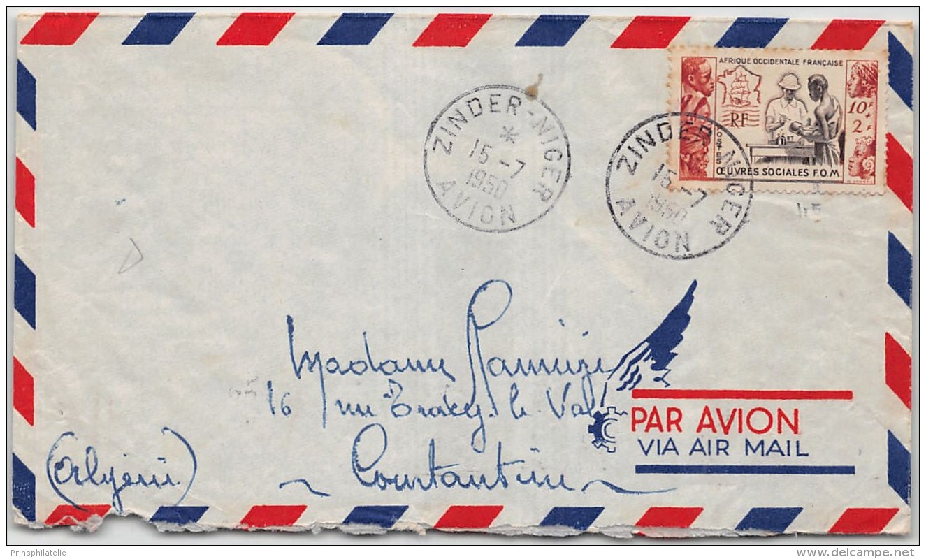 LETTRE DE ZINDER AVION AVECTP OEUVRES SOCIALES  =&gt;  ALGERIE  19450 COVER COLONIES - Storia Postale