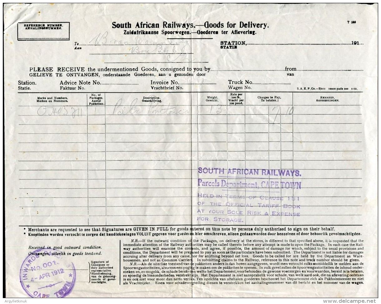 SOUTH AFRICA RAILWAYS GOODS NOTICE PARCELS CAPE TOWN 1912 - Service