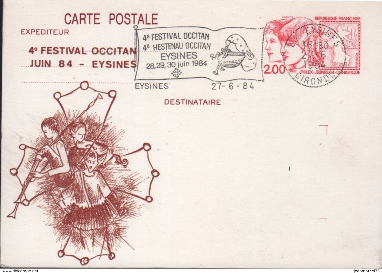 Carte Postale Entier 2,00 PhilexJeunes 84 Repiquée 4e Festival Occitan Oblitération Commémorative Flamme 33 Eysines 27-6 - Postales  Transplantadas (antes 1995)