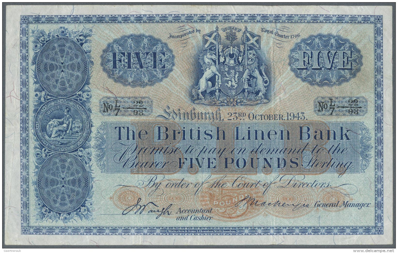 Scotland / Schottland: The British Linen Bank 5 Pounds 1943 P. 158b, Several Vertical And Horizontal Folds, No Holes Or - Altri & Non Classificati