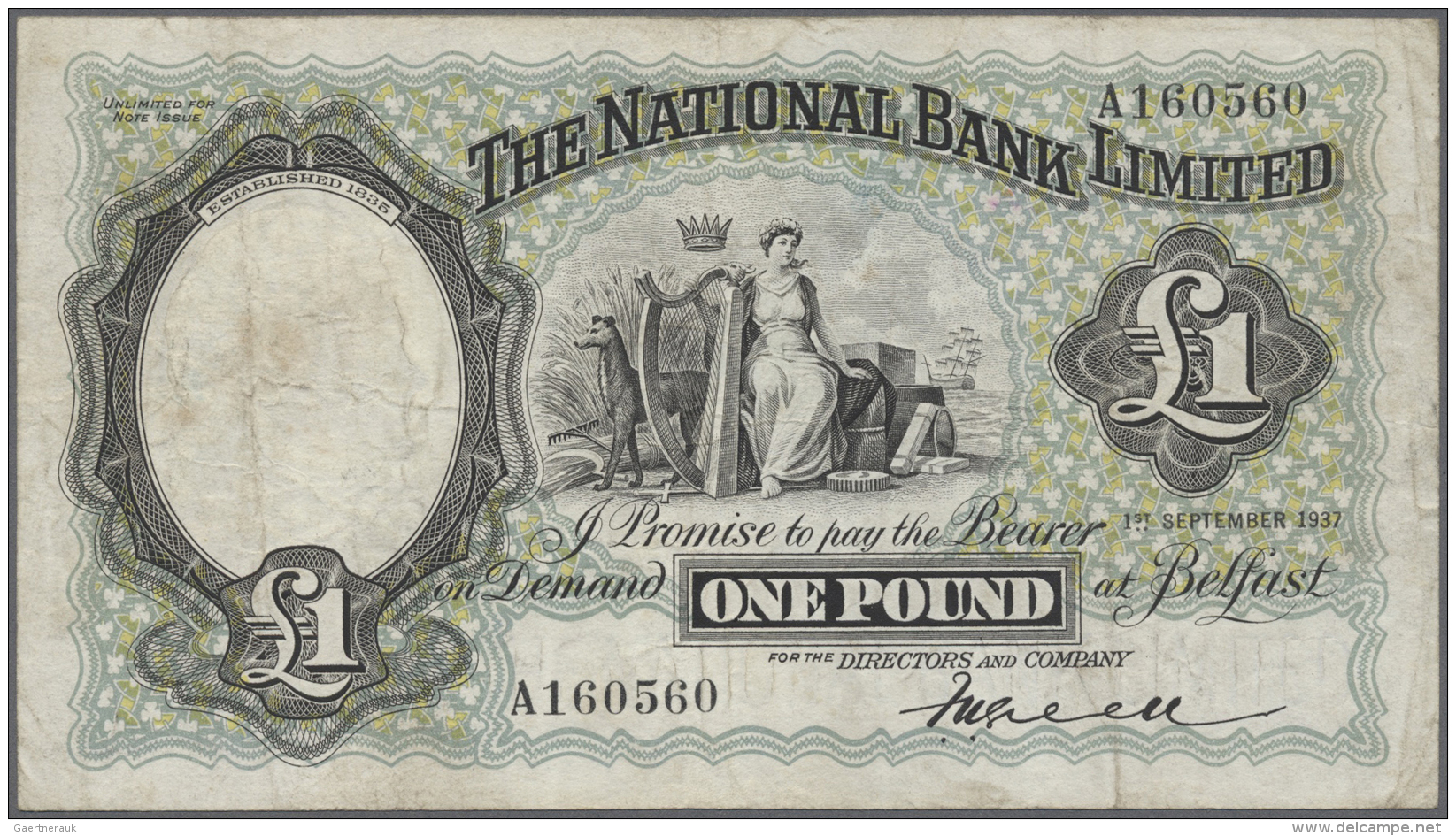 Northern Ireland / Nordirland: 1 Pound 1937 P. 155, The National Bank Limited, Used With Several Folds, Light Staining I - Altri & Non Classificati