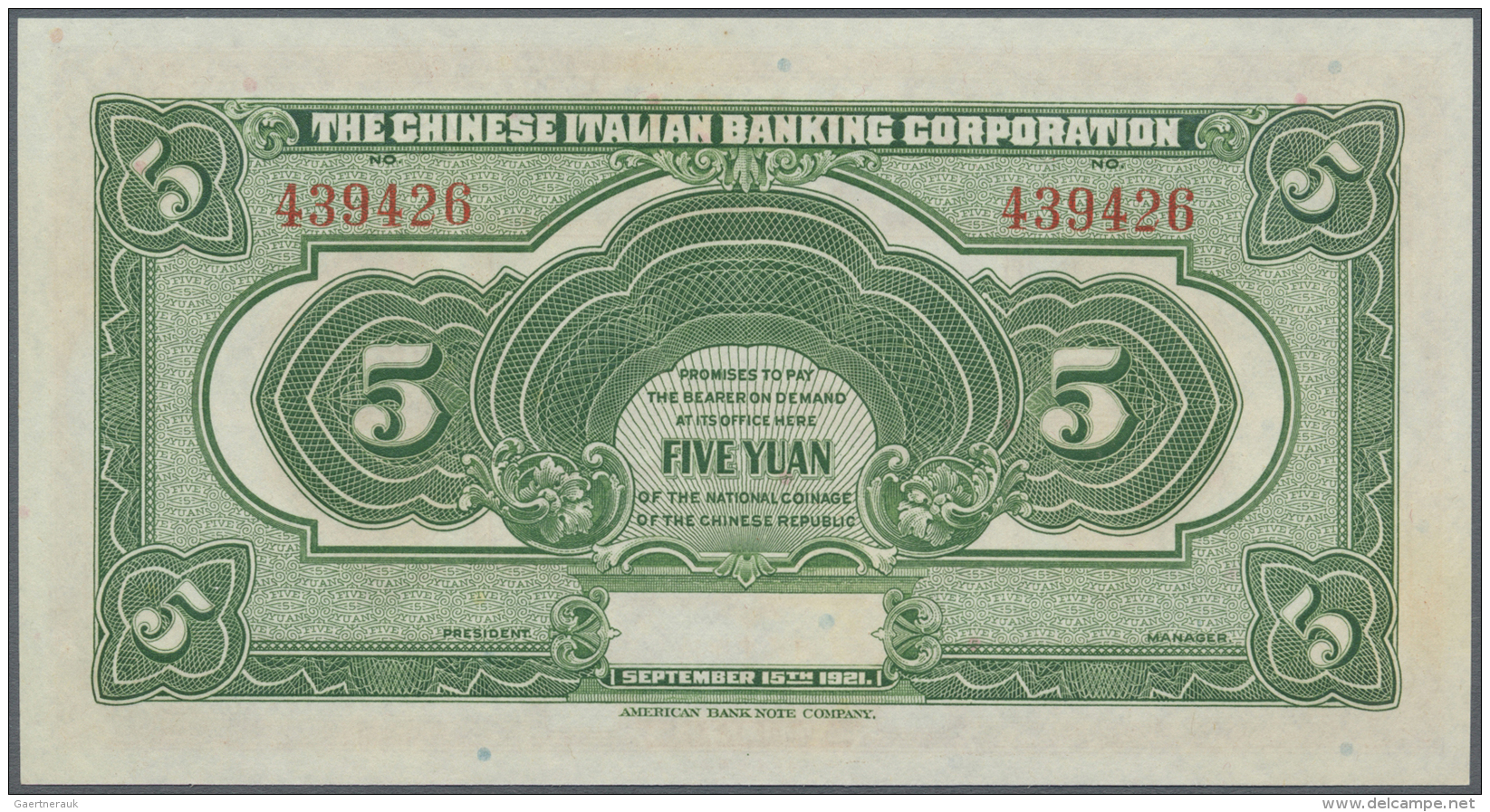 China: 5 Yuan 1921 "The Chinese Italian Banking Corporation" P. S254 In Great Crisp Original And Colorful Condition: UNC - Cina