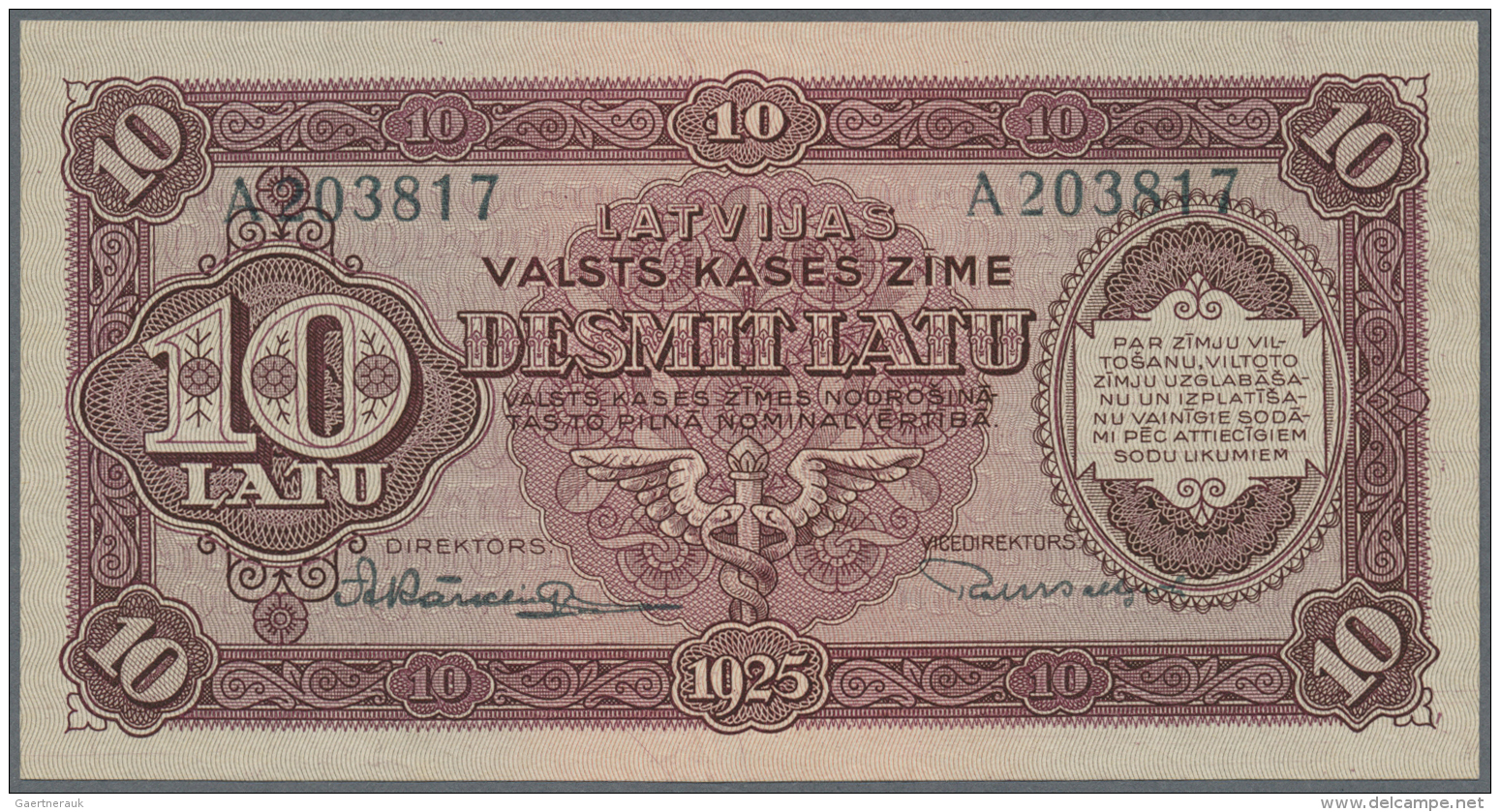 Latvia /Lettland: 10 Latu 1925 P. 24a, Issued Note, Series A, Sign. Karklins, Crisp Orignal Condition: UNC. - Lettonia