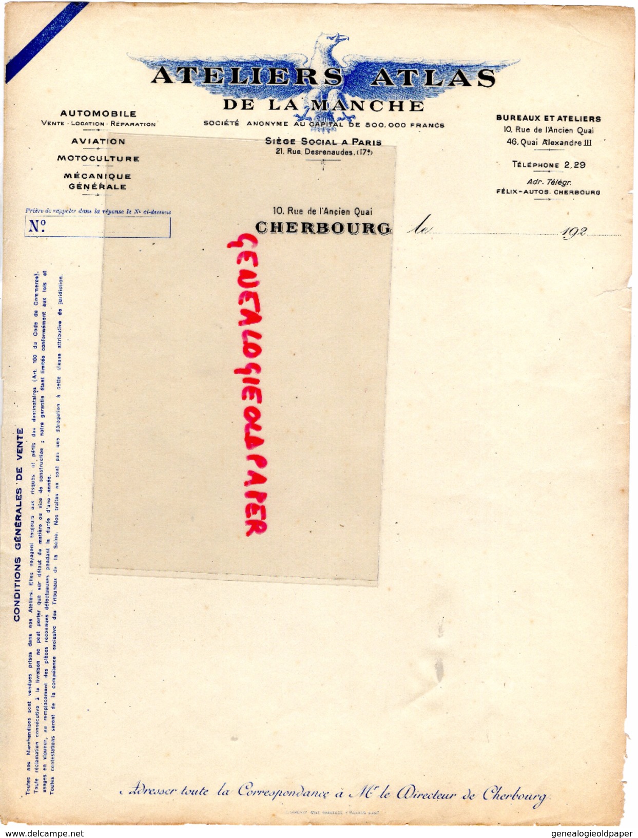 50 - CHERBOURG- FACTURE ATELIERS ATLAS DE LA MANCHE- AUTOMOBILE AVIATION-MOTOCYLTURE-10 RUE ANCIEN QUAI- 1920  AIGLE - Automobil