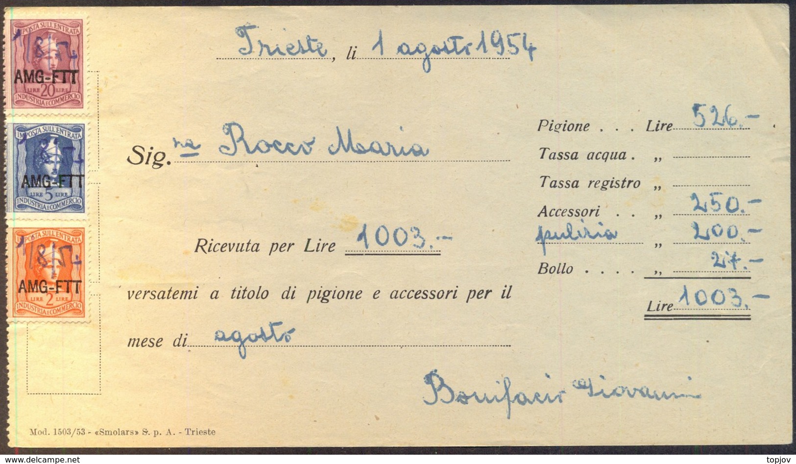 ITALIA - REVENUE Ovpt. On RICEVUTA - TRIESTE - 1954 - Steuermarken