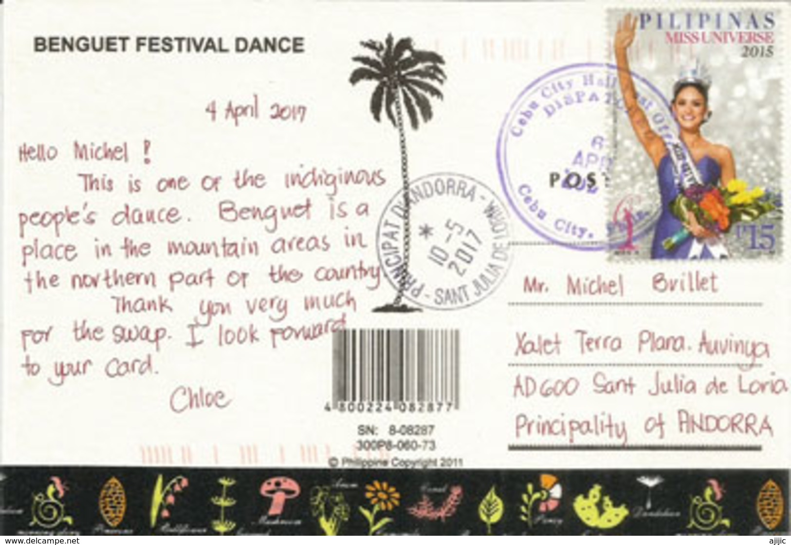 Benguet Festival Dance Of The Philippines,stamped With Miss Universe ,postcard Addressed To ANDORRA, With Arrival Stamp - Ozeanien