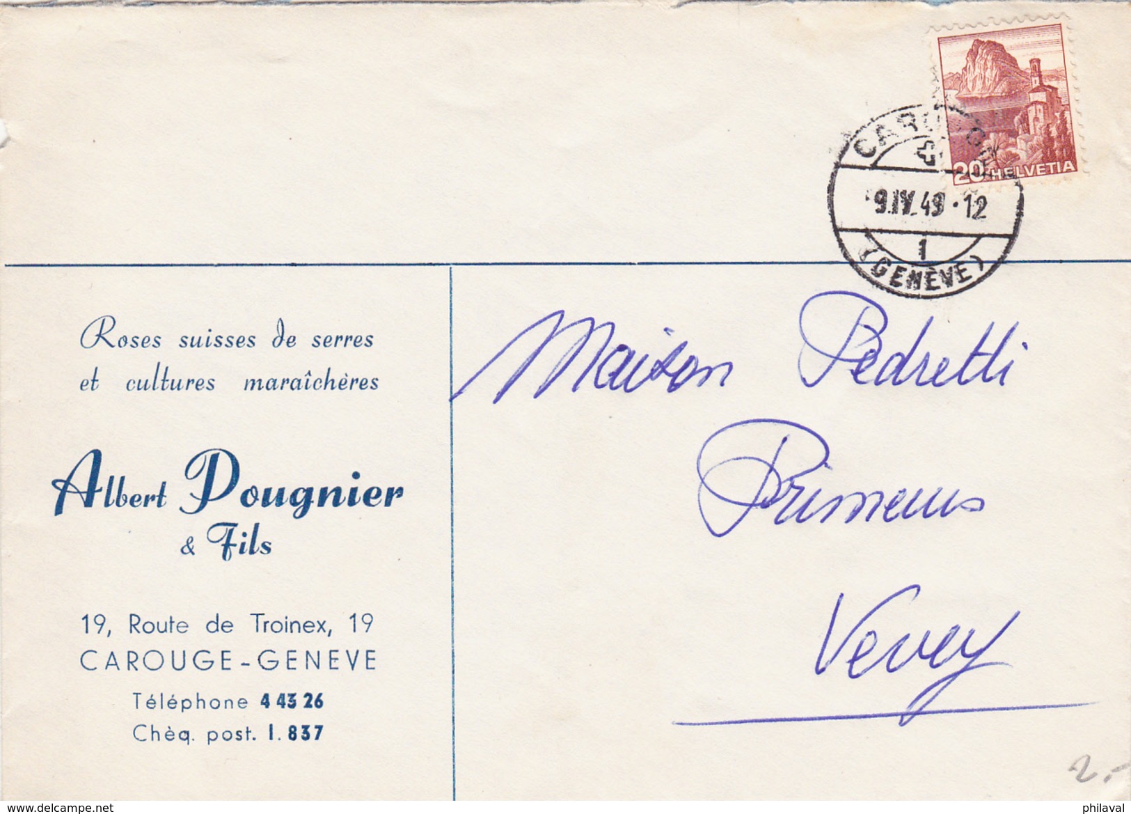 Lettre Commerciale  De  La Firme Albert Pougnier & Fils - Fleurs - Carouge - 1949 - Collections