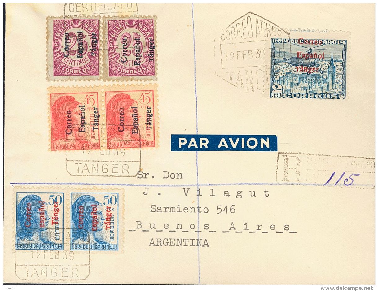 DEPENDENCIAS POSTALES ESPA&Ntilde;OLAS. T&aacute;nger. SOBRE 100(2), 103(2), 104(2), 106 1939. 25 Cts, 45 Cts Y 50 Cts, - Marocco Spagnolo