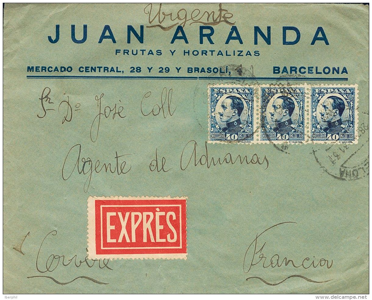 SIGLO XX. Alfonso XIII. Vaquer De Perfil. SOBRE 497(3) 1931. 40 Cts Azul, Tira De Tres. Correo Urgente De BARCELONA A CO - Autres & Non Classés