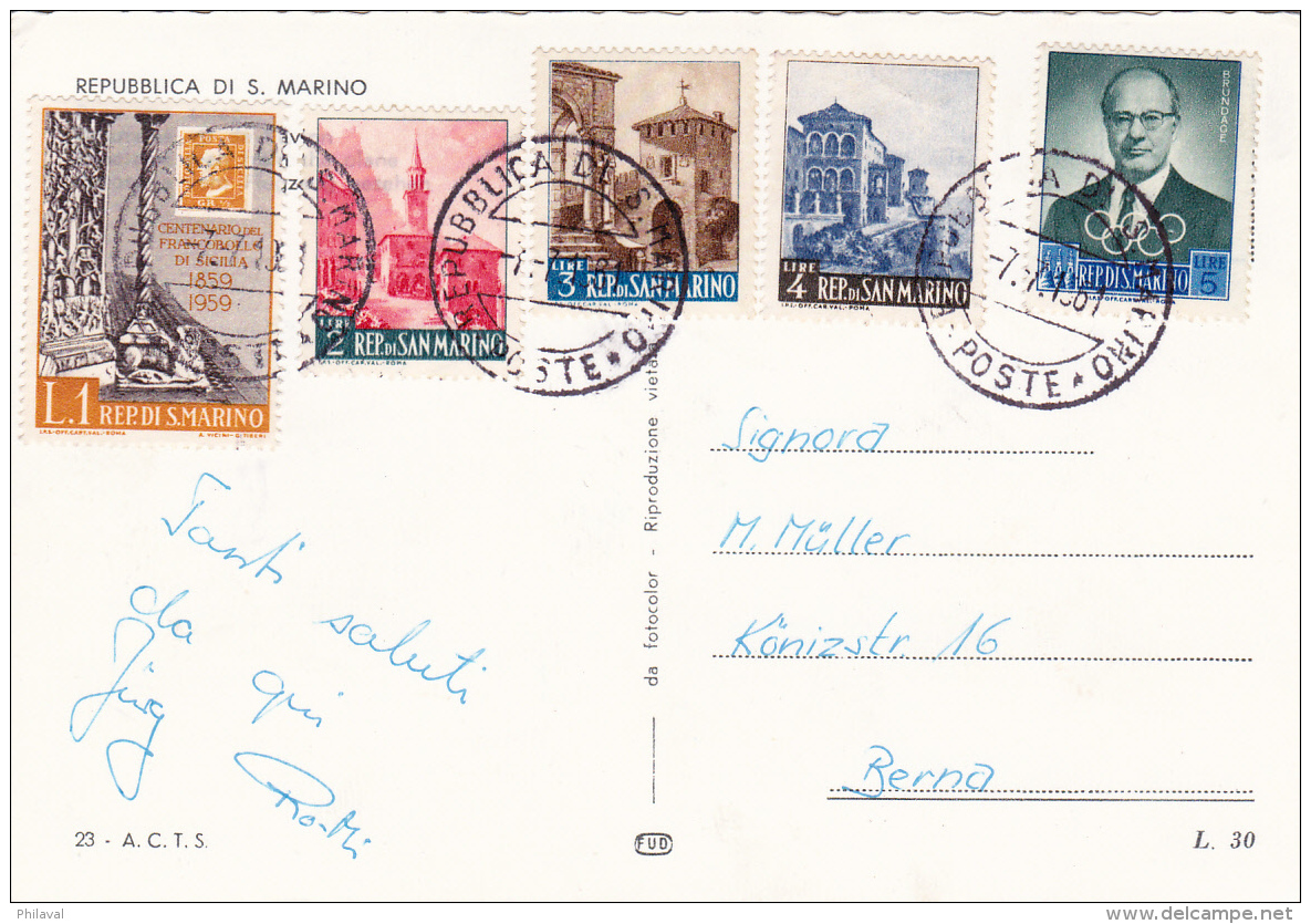 Affranchissement Sur Carte  Postale De St.Marin - 7.7.1961 - Briefe U. Dokumente