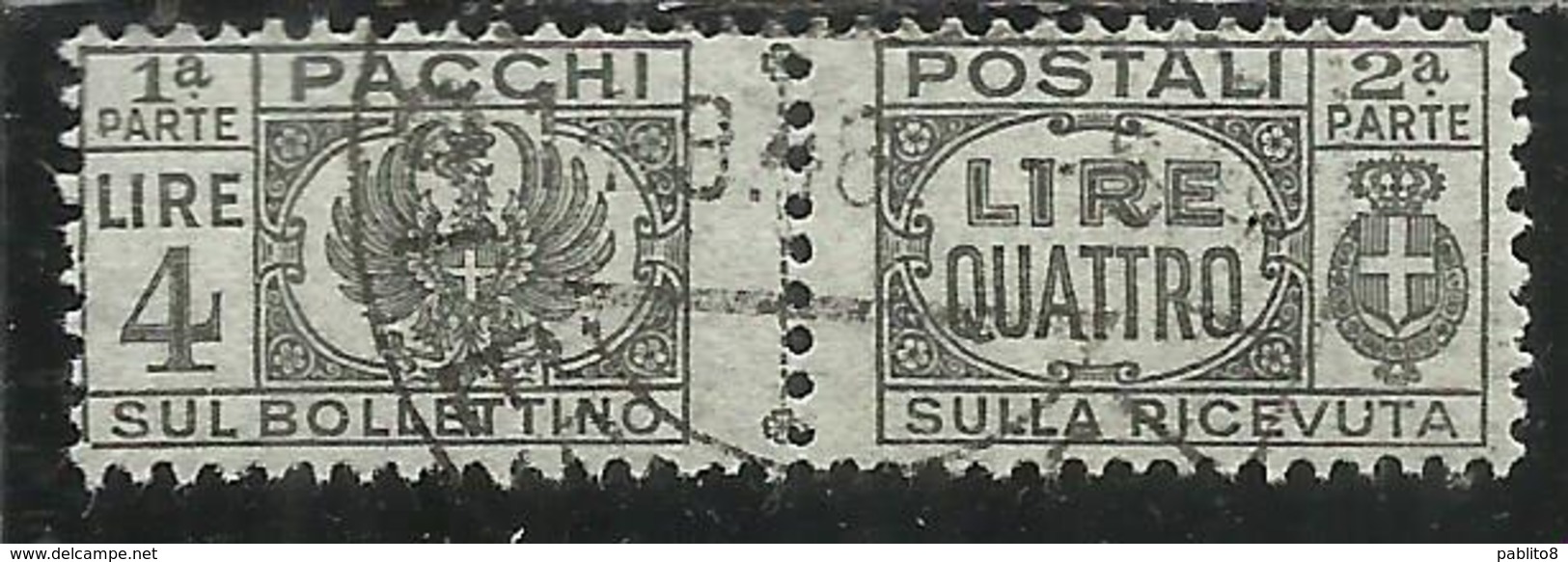 ITALIA REGNO ITALY KINGDOM 1946 LUOGOTENENZA PACCHI POSTALI PARCEL POST SENZA FASCIO LIRE 4 USATO USED OBLITERE' - Postal Parcels