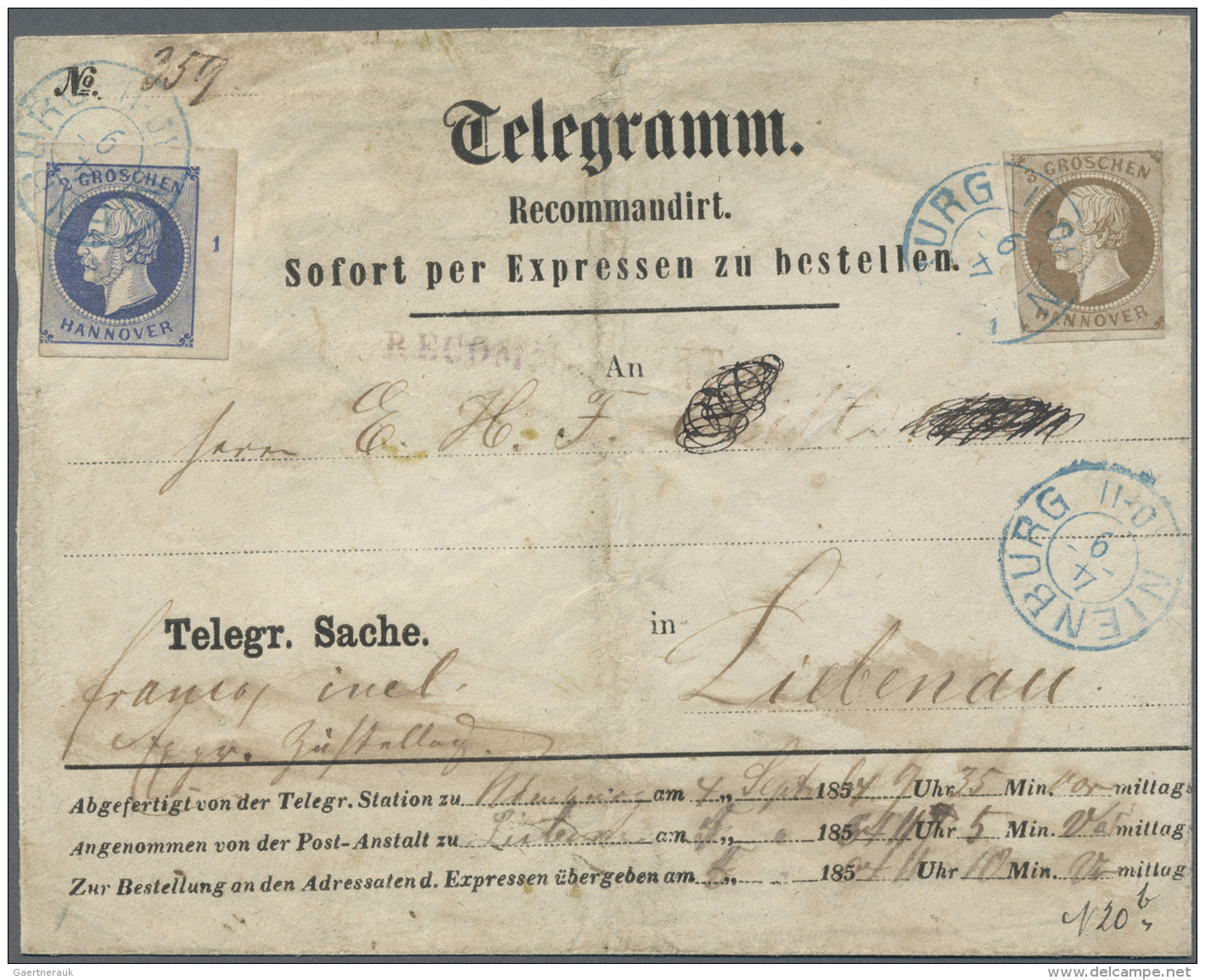 Hannover - Marken Und Briefe: 1864: Frankierter Telegrammumschlag Von Nienburg Nach Liebenau, Frankiert Mit KGV. 2 Gr. D - Hanovre