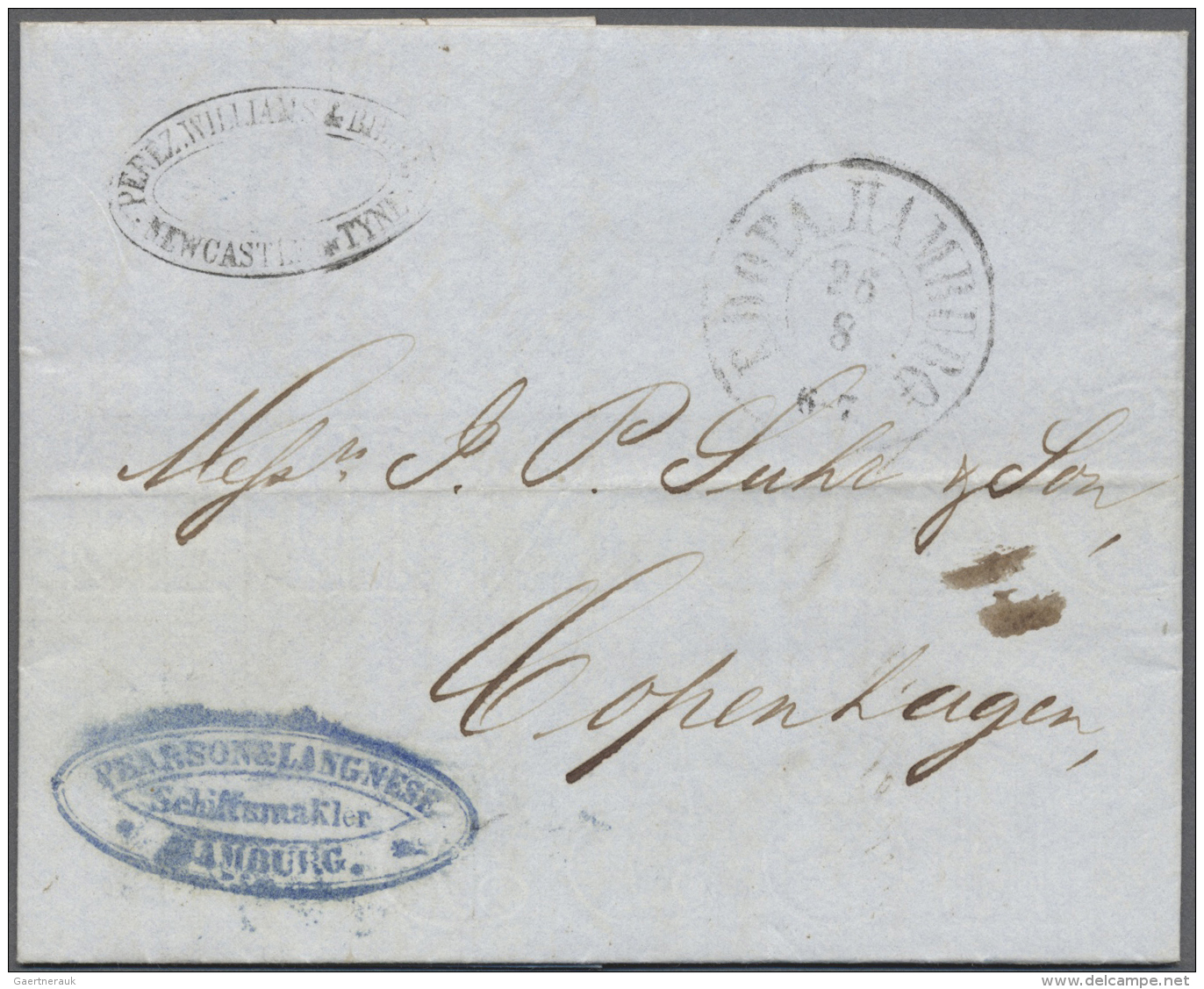 Hamburg - Vorphilatelie: 1858: Pearson &amp; Langnese Hamburg, Blauer Ovalstempel Des Forwarding-Agenten (bei Rowe Nicht - Préphilatélie