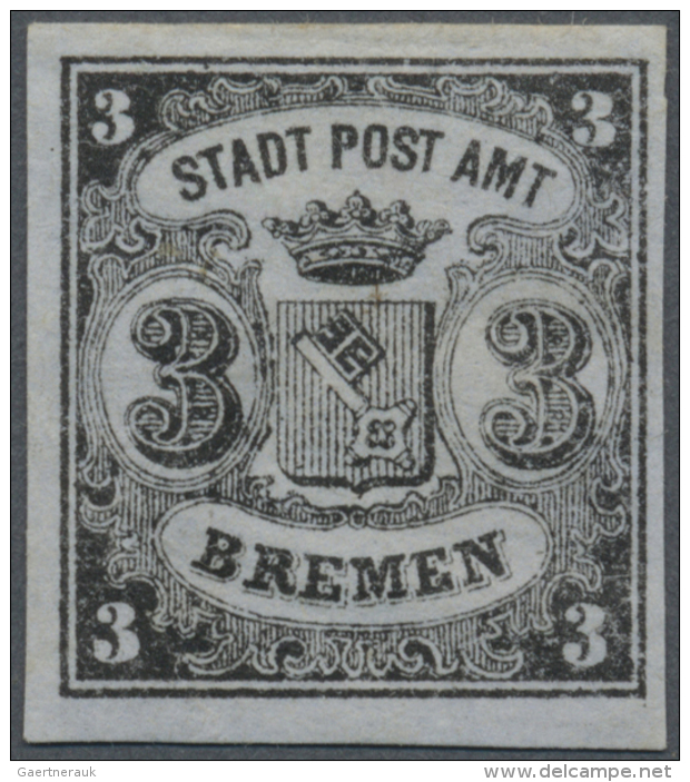 Bremen - Marken Und Briefe: 1855, 3 (Gr) Schwarz Auf Blaugrau, Senkrecht Gestreiftes Papier, Ungebraucht Mit Falzrest, S - Brême