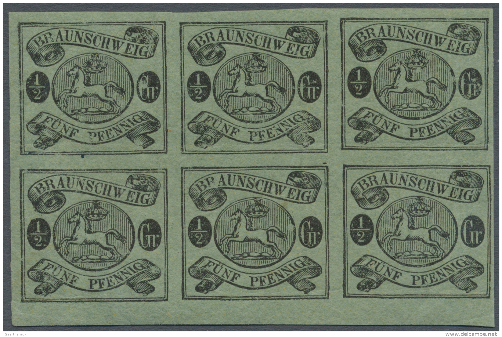 Braunschweig - Marken Und Briefe: 1861, &frac12; Gr. Schwarz/lebh. Graugr&uuml;n, D&uuml;nnes Papier, Postfrischer 6er-B - Brunswick