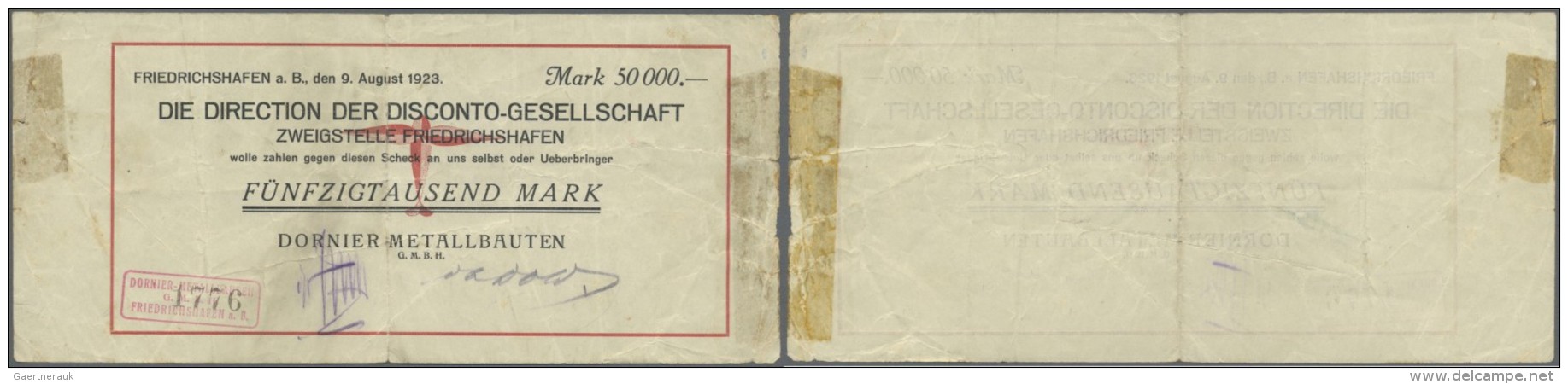 Deutschland - Notgeld - W&uuml;rttemberg: Friedrichshafen, Dornier Metallbauten, 50 Tsd. Mark, 9.8.1923, Datum Gedruckt, - Lokale Ausgaben