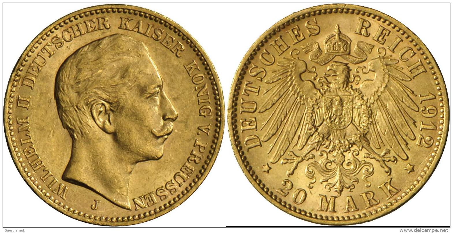 Preu&szlig;en: Wilhelm II. 1888-1918: 20 Mark 1912 A, Jaeger 252, Sehr Sch&ouml;n+. - Goldmünzen