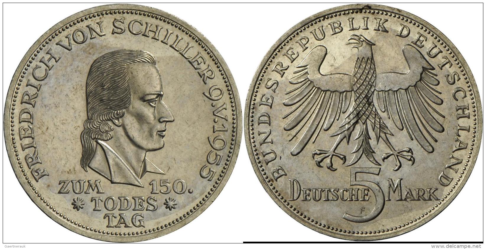 Bundesrepublik Deutschland 1948-2001: 5 D-Mark 1955 F, Friedrich Schiller, Jaeger 389, Kl. Kratzer, Berieben, Sonst Vorz - Sonstige & Ohne Zuordnung