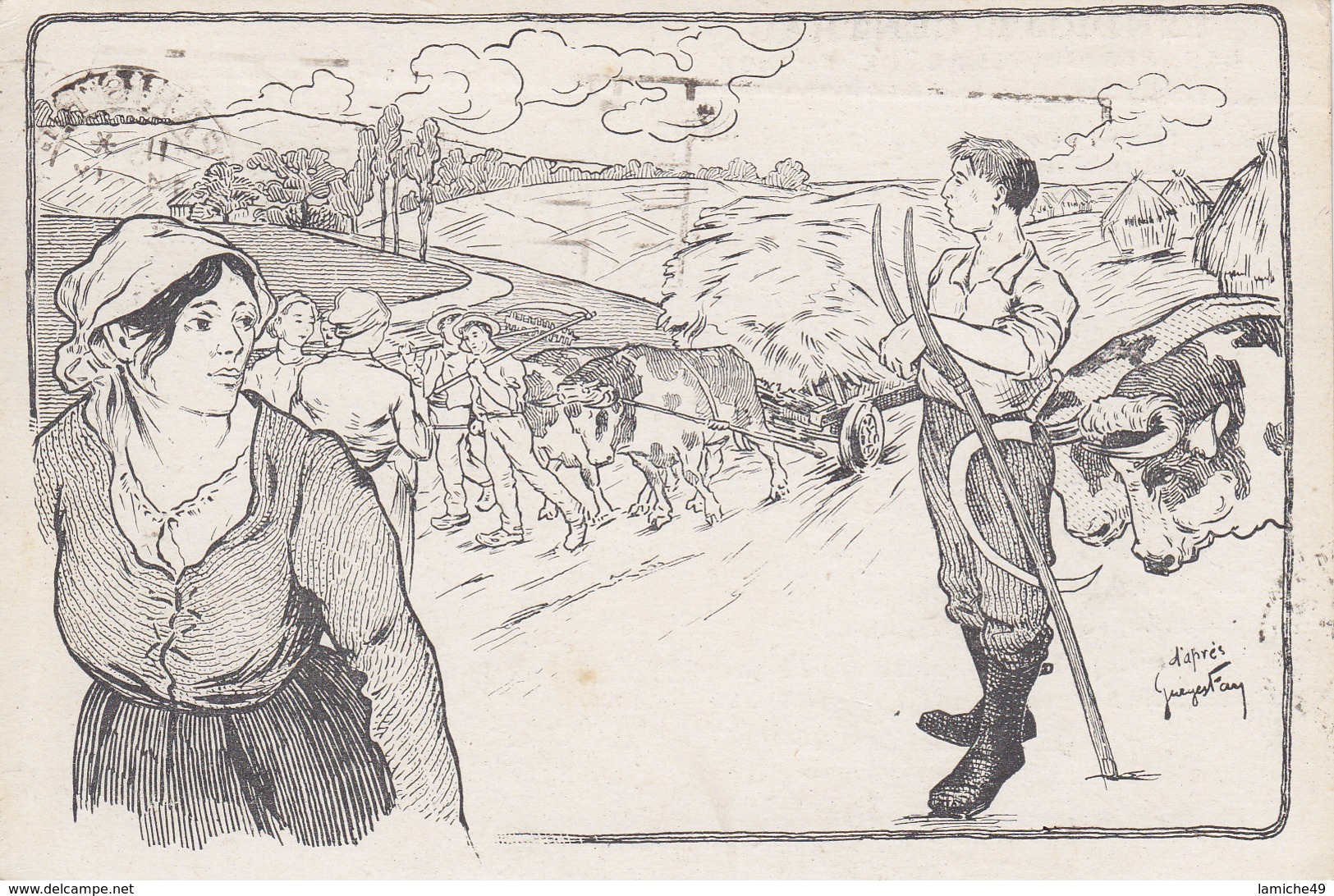 C Pub Attelage De Boeufs Dessin Georges Fay Dos Syndicat Central Des Agriculteurs Circulée Timbrée 1923 - Sindacati