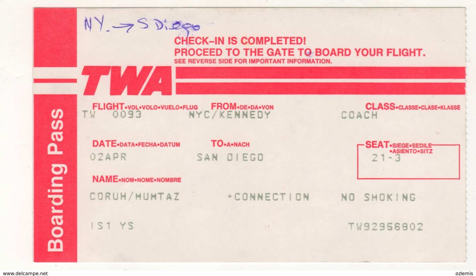 TWA AIRLINES BOARDING PASS - Biglietti